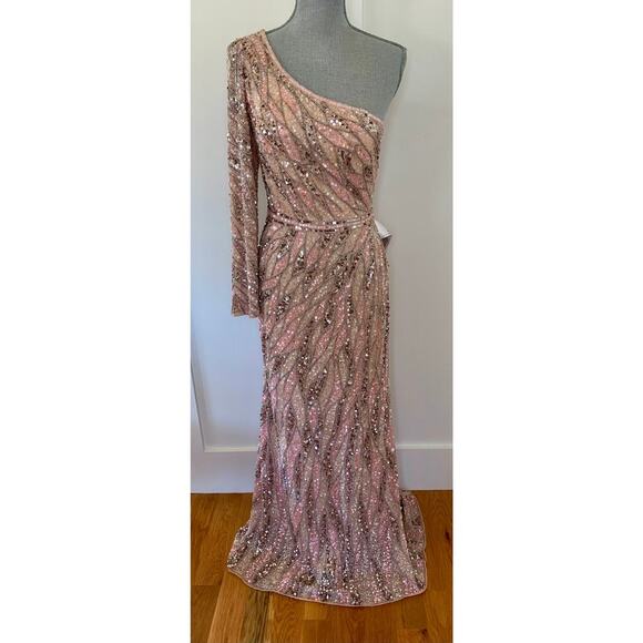 MacDuggal One Shoulder Sequin Gown Maxi in Pink/Silver Size 8 Beaded Long Sleeve - Picture 2 of 9
